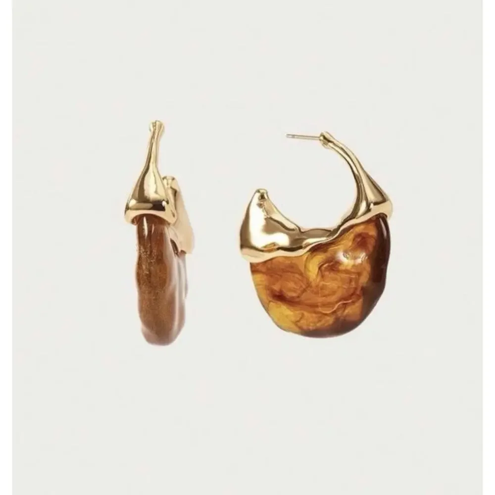 Amber Hoop Gold Molten Sculptural Stud Statement Boho Retro Solanales Retro VTG